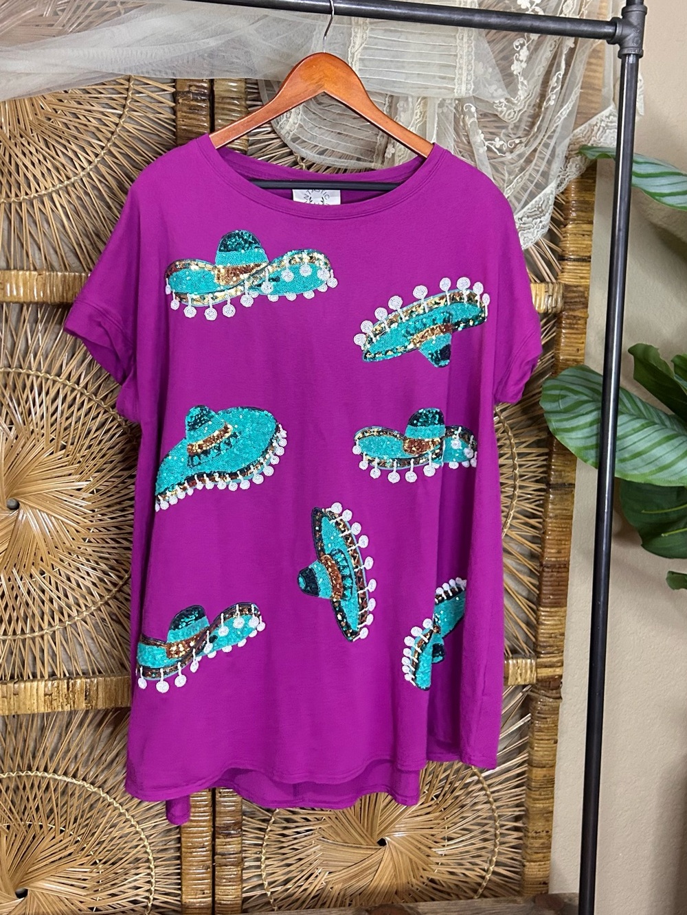 Fantastic Fawn dress size large sequin sombrero purple Aline cotton